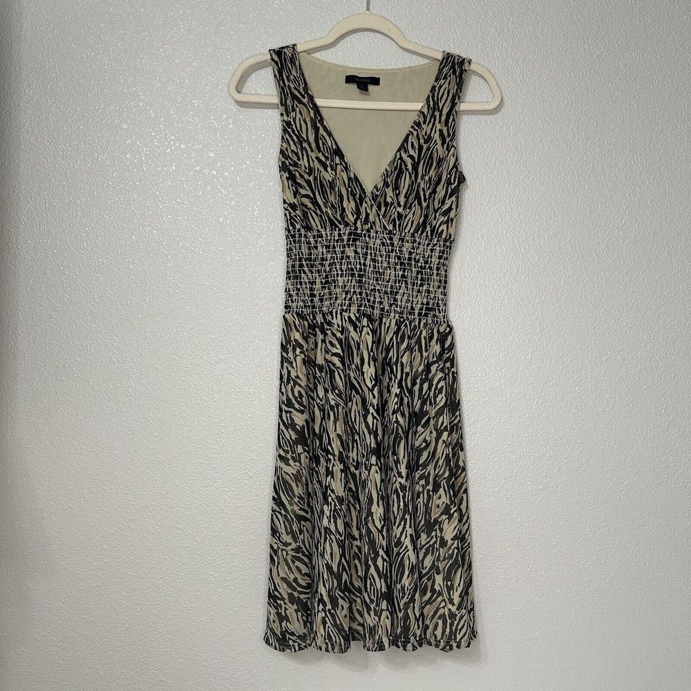 Express‎ dress XS Animal Print Zebra Black Tan Ivory elastic Waist sleeveless